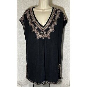 Free People Women Sz SP Oversized Embroidery Tunic Blouse Dress Boho Split Hem